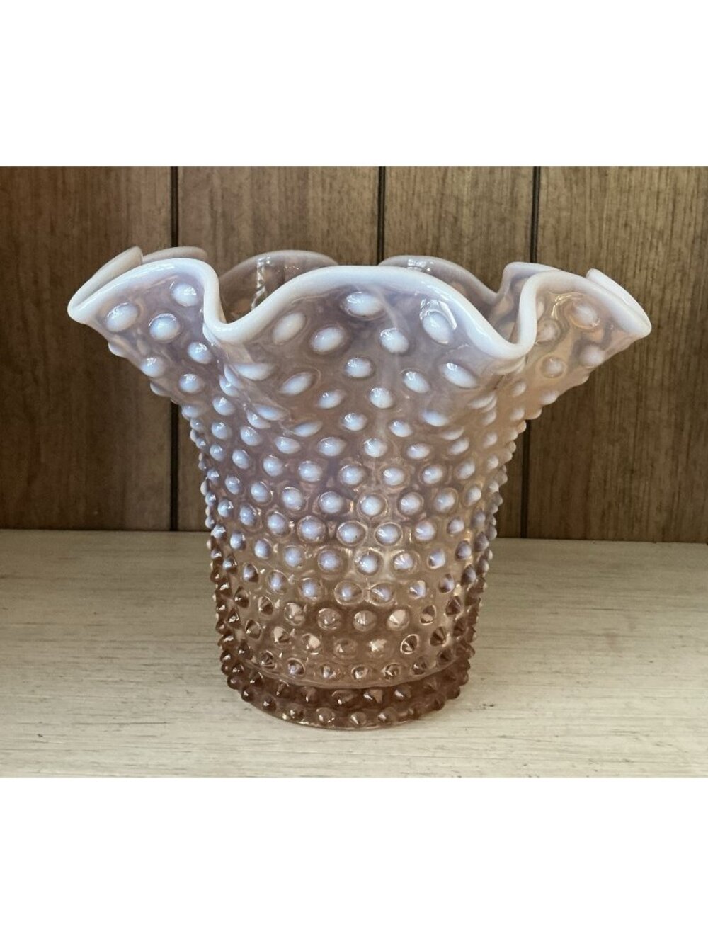 Duncan & Miller Pink Opalescent Hobnail Ruffled Vase 7" Art Glass